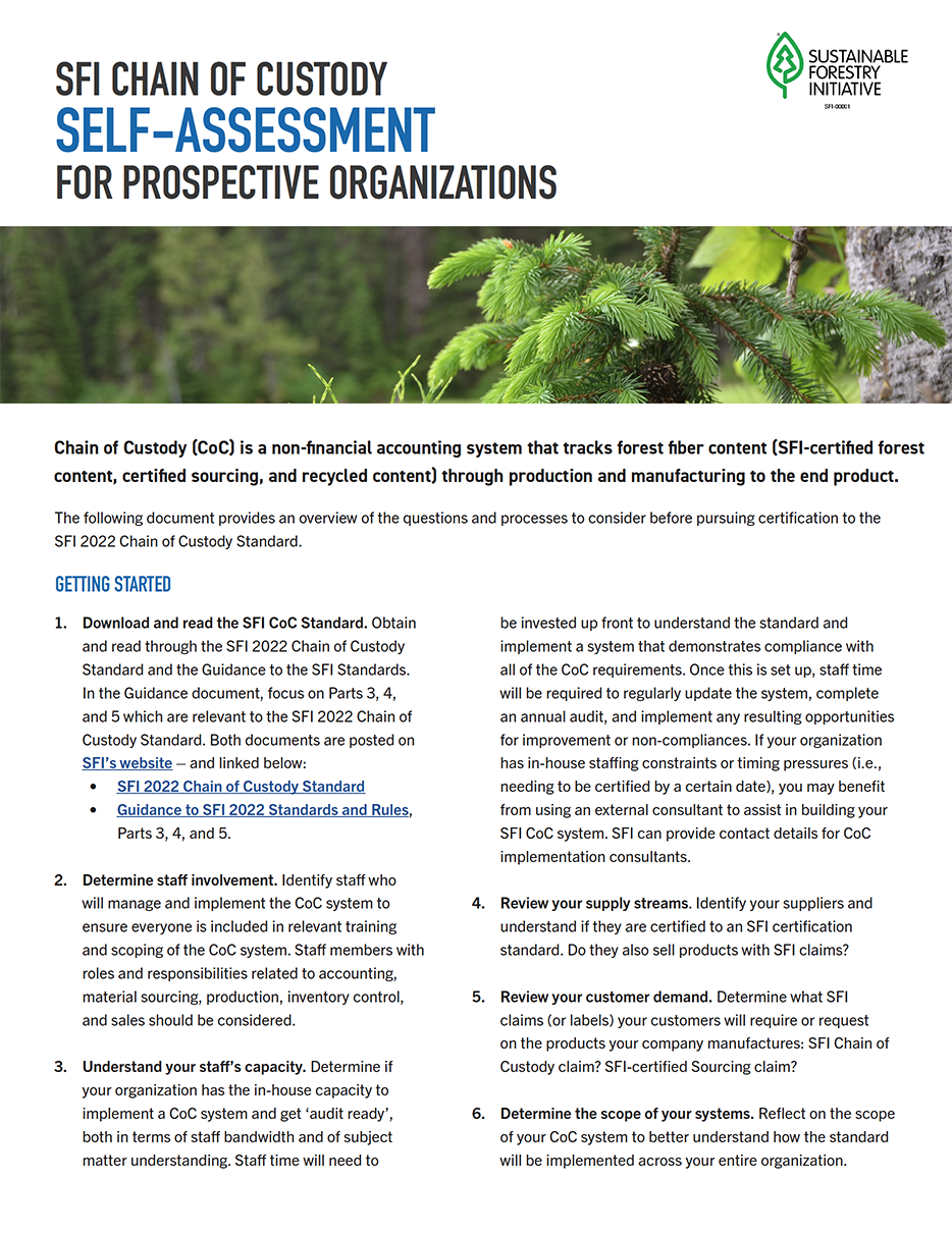SFI Chain of Custody Self-Assessment for Perspective Organizations