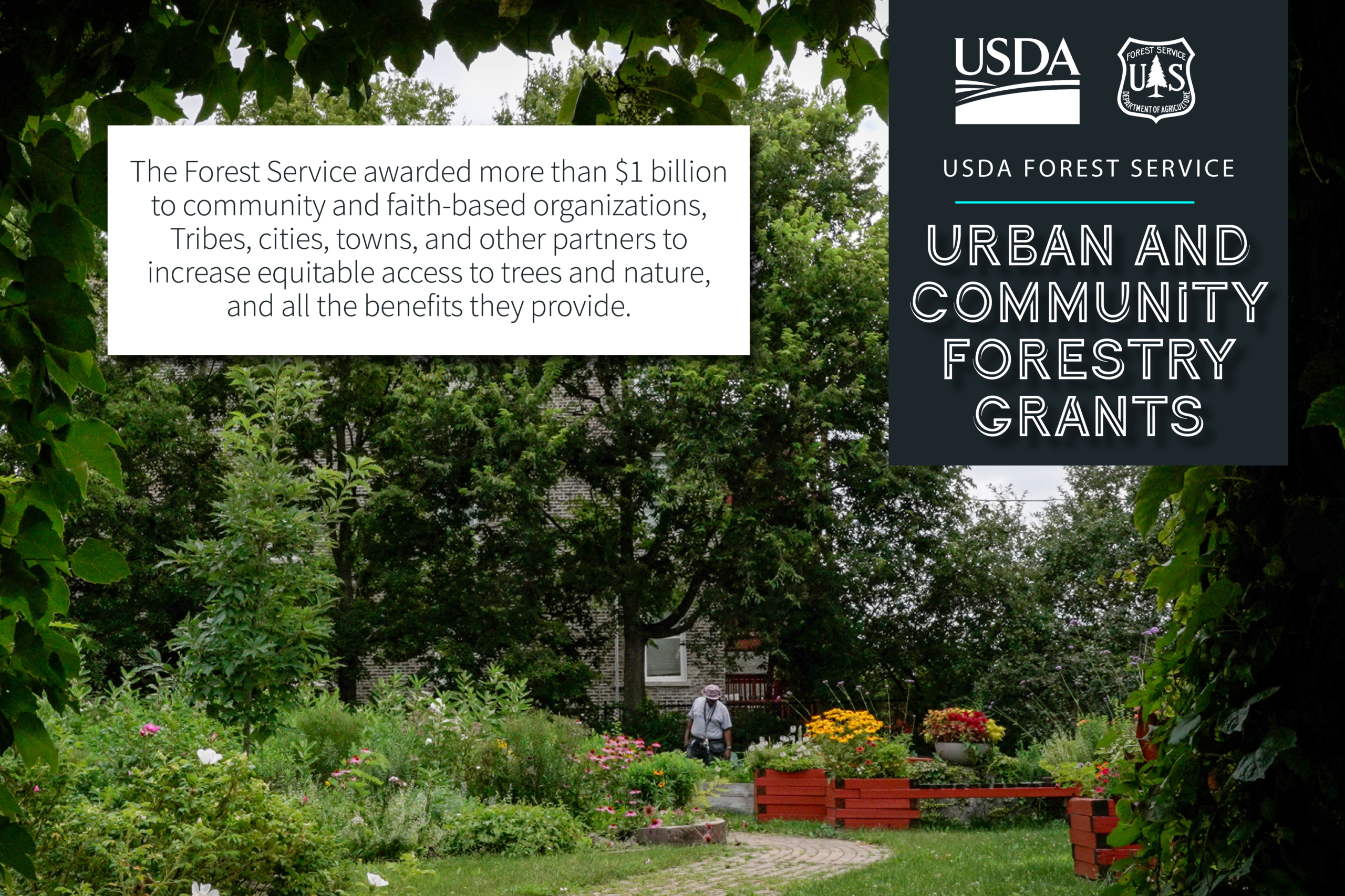 USDA Forest Service Urban and Community Forestry Grants: The Forest Service awarded more than $1 billion to community and faith-based organizations, Tribes, cities, towns, and other partners to increase equitable access to trees and nature, and all the benefits they provide.